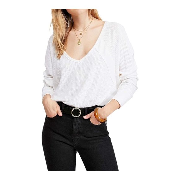 Free People Women's Santa Clara V-Neck Pullover Thermal Top Off-White Medium NWT - Picture 1 of 6